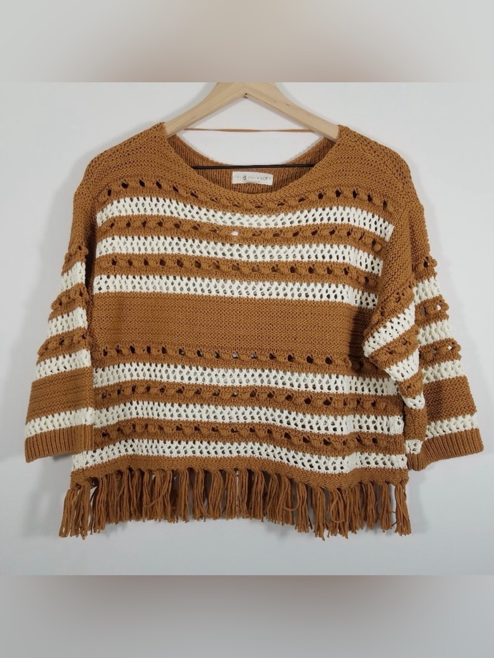 Lou & Grey for LOFT - Striped Open-Knit Fringe Crop Sweater - Camel & White
